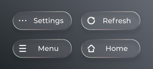 Set of liquid glass user interface buttons for application design. Modern ui element with gradient and clear surface.