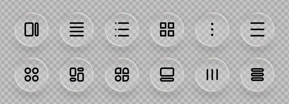 Set of black user interface control icons displayed on liquid glass circles. Modern application and website button design for web development.