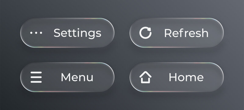 Set of liquid glass user interface buttons for application design. Modern ui element with gradient and clear surface.