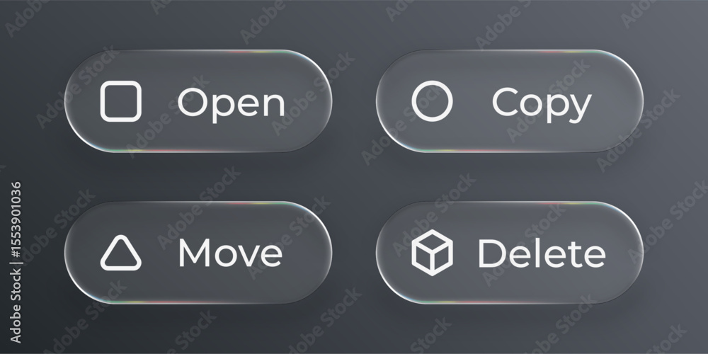 Poster Four isolated glass buttons with icons for open, copy, move, and delete. UI UX design element in liquid glass style.
