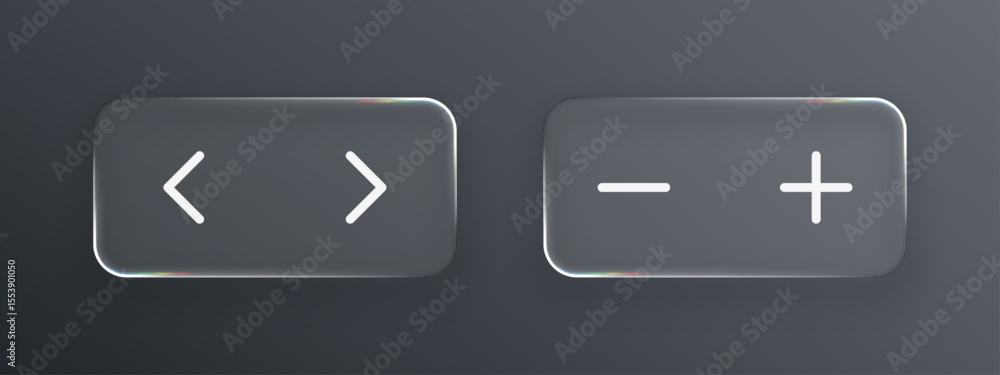 Poster Liquid glass arrow and minus plus buttons for user interface. UI design element for app or web navigation, sign for adjust.