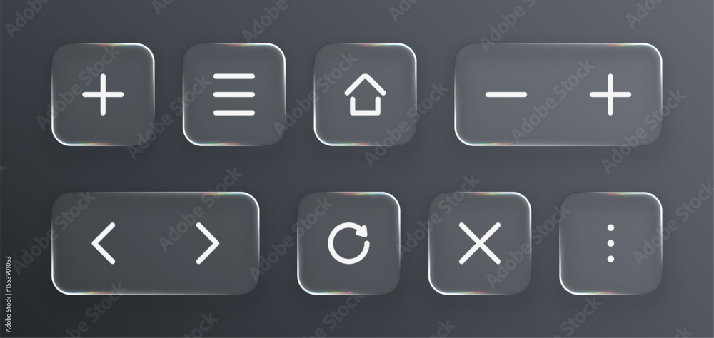 Poster Collection of transparent glass buttons with symbols for user interface design. Liquid glass vector elements for modern application mockups.
