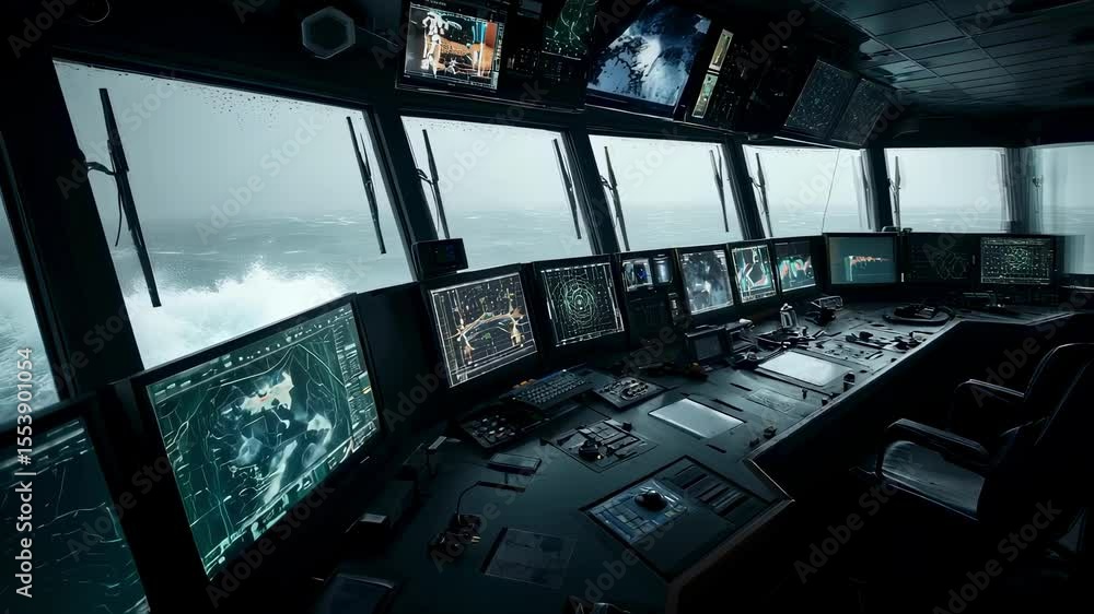 Aufkleber multiple computer monitors displaying navigation data and charts are visible inside the bridge of a 