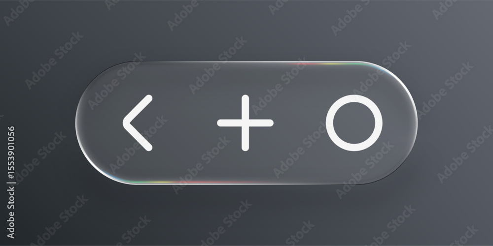 Aufkleber Liquid glass button with left arrow, plus, and circle icons. Modern ui element for web or application design. Transparent style.