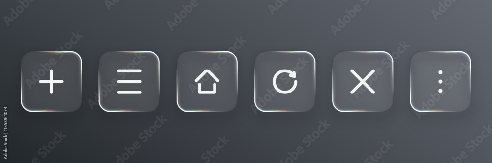 Poster liquid glass vector design of six essential common ui icons with a transparent, glossy effect on a d