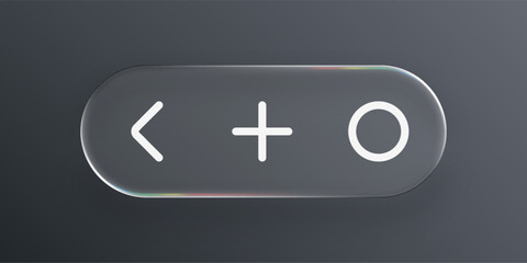 Obraz premium Liquid glass button with left arrow, plus, and circle icons. Modern ui element for web or application design. Transparent style.