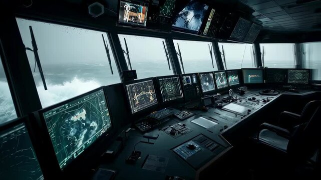 Multiple computer monitors displaying navigation data and charts are visible inside the bridge of a ship, with a stormy sea seen through the windows