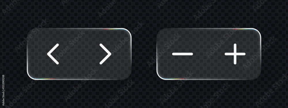 Poster liquid glass-like previous, next, minus, and plus buttons on a dark transparent background. modern u