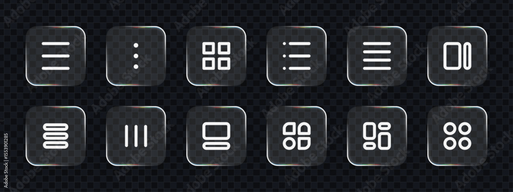 Poster Set of liquid glass menu and option icons. UI UX design elements for modern digital interfaces. User interface liquid glass vector.