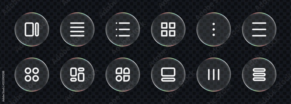 Poster User interface icon set in liquid glass vector style. App and web button collection for digital concept.