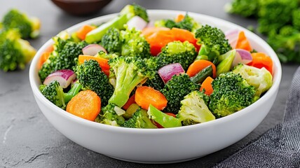 World vegetarian day with health and vegetables idea. Fresh vegetable salad in a white bowl.