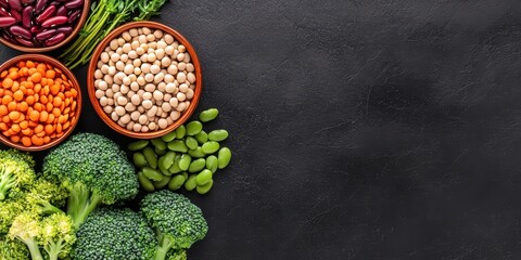 World vegetarian day with health and vegetables idea. Fresh vegetables and legumes on a dark textured background.