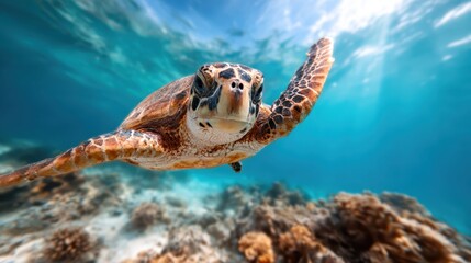 Obraz premium A graceful sea turtle glides effortlessly through clear turquoise waters, showcasing its intricate shell patterns against a backdrop of vibrant coral reefs and marine life.