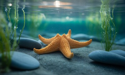 Underwater Starfish on Sandy Seabed with Stones and Seaweed