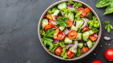 World vegetarian day with health and vegetables idea. Fresh vegetable salad in a bowl on a dark background.