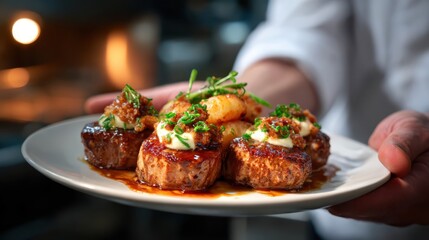 A beautifully arranged gourmet dish being served by a chef, showcasing culinary artistry and presentation, perfect for food enthusiasts and restaurant promotion.