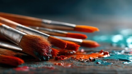 Fototapeta premium A vibrant arrangement of paintbrushes surrounded by splashes of colorful paint, embodying the spirit of creativity and artistic expression in the visual arts.