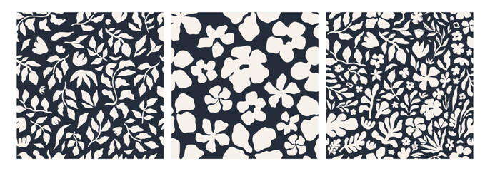Abstract floral seamless pattern set featuring bold floral and botanical silhouettes in black and cream. Hand-drawn modern design is perfect for textiles, packaging, wallpaper, and digital projects.