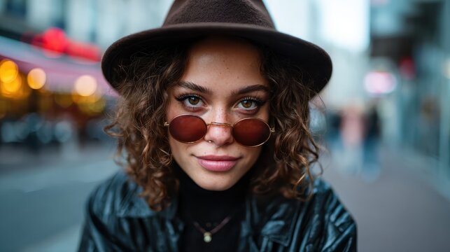 This captivating image showcases a young woman with curly hair, wearing stylish sunglasses and a brown hat, against a blurred urban backdrop that enhances her unique look. - Powered by Adobe
