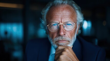 A contemplative older man with glasses and a white beard, staring directly at the camera, embodies wisdom and introspection in a subdued environment with soft lighting.