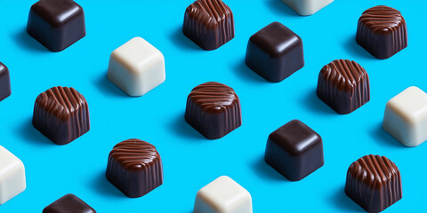 Pieces of Chocolates bar, candy bar isolated on blue background. Various chocolates in on a bright blue background. 