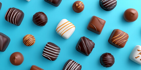 Pieces of Chocolates bar, candy bar isolated on blue background. Various chocolates in on a bright blue background. 