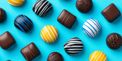 Pieces of Chocolates bar, candy bar isolated on blue background. Various chocolates in on a bright blue background. 