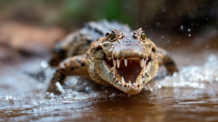 This intense image portrays a fierce crocodile charging through murky water, showcasing its menacing teeth and powerful presence, highlighting both predator instincts and natural beauty.