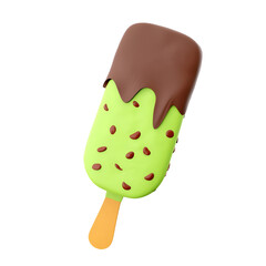A colorful ice cream popsicle with a chocolate coating and green mint flavor, perfect for a refreshing treat.