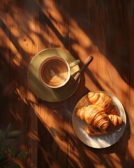 A warm, inviting top-down view of a cup of coffee and freshly baked croissants on a wooden table, bathed in natural sunlight