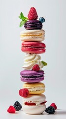 A vibrant stack of colorful macarons, each adorned with fresh berries and mint, creating an inviting dessert display