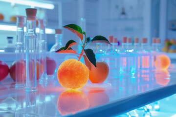 Futuristic food concept, glowing synthetic fruit on a lab table, glass containers, clean white lab background, sci-fi style, high detail