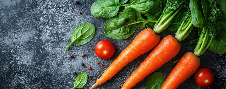 World vegetarian day with health and vegetables idea. Fresh vegetables including carrots, tomatoes, and spinach leaves. - Powered by Adobe