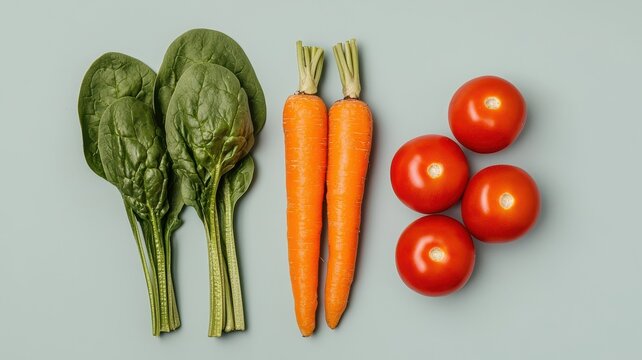World vegetarian day with health and vegetables idea. Fresh vegetables including spinaches, carrots and tomatoes on a surface. - Powered by Adobe