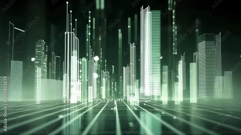 Poster a skyline etched in light where ethereal lines and dots represent links between businesses and consu