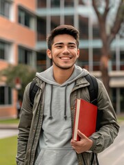Latin American university student holding books, walking across modern campus, backpack, casual outfit, academic environment, natural smile