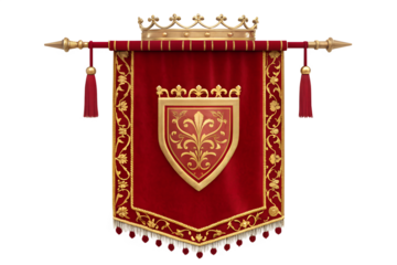Royal Red Velvet Banner with Gold Accents and Fleur-de-lis Shield