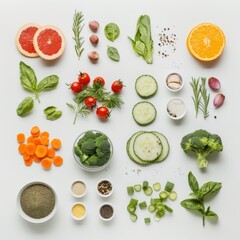A vibrant overhead flat lay of various fresh vegetables, fruits, herbs, and spices, meticulously arranged on a clean white surface for healthy cooking