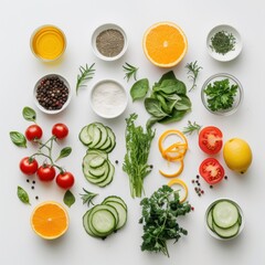 A diverse collection of fresh, vibrant ingredients including vegetables, fruits, herbs, and spices, presented in a clean, organized flat lay