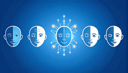 Five stylized faces, four human, one AI-like central figure with circuit connections, suggesting digital evolution or transformation