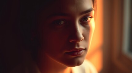 Fototapeta premium Intimate contemplation: A portrait of a young woman gazing thoughtfully with warm light on her face, showcasing a moment of introspective calm.