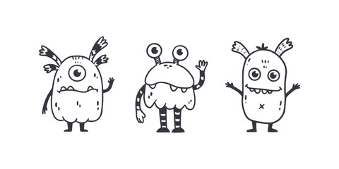 set of cartoon monsters. Cute monsters in doodle style. Kids funny character design for posters, cards, magazins. Line. Vector illustration

