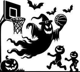 ghosts and pumpkins play Halloween basketball
