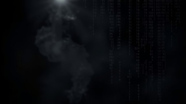 Decoding the Digital Veil: Atmospheric scene shrouded in an ethereal fog with a cascade of binary code descending, symbolizing the enigmatic world of technology and data - Powered by Adobe