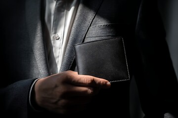 A man in a tailored suit holds a sleek black leather wallet. The lighting catches the fine stitching and texture, emphasizing sophistication and attention to detail