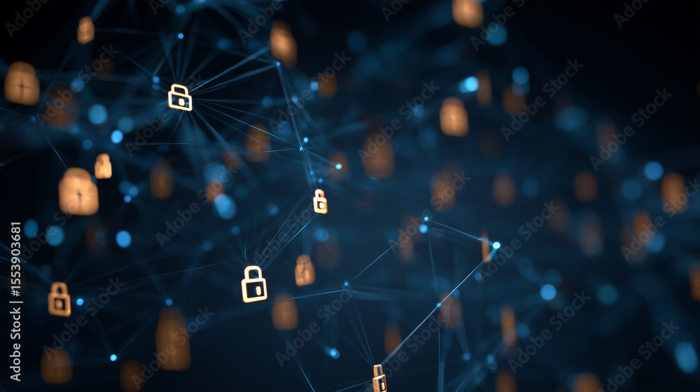 Poster digital network of glowing security locks and data points on a dark background