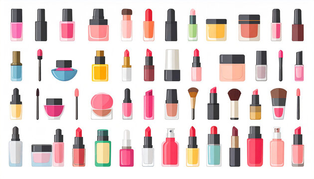 A vibrant collection of diverse makeup products, including lipsticks, nail polishes, foundations, and applicators, displayed against a clean white background in a neatly organized grid