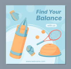 Flat banner design with sport equipment and gym essentials. Fitness tools like racket, boxing gloves, and workout items create dynamic background. Ideal for training promotions or healthy lifestyle