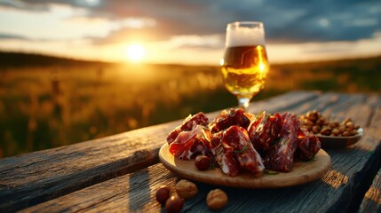 An inviting still life composition featuring a glass of beer, delicious snacks, and a natural sunset scene, highlighting the joy of outdoor gatherings and good company.