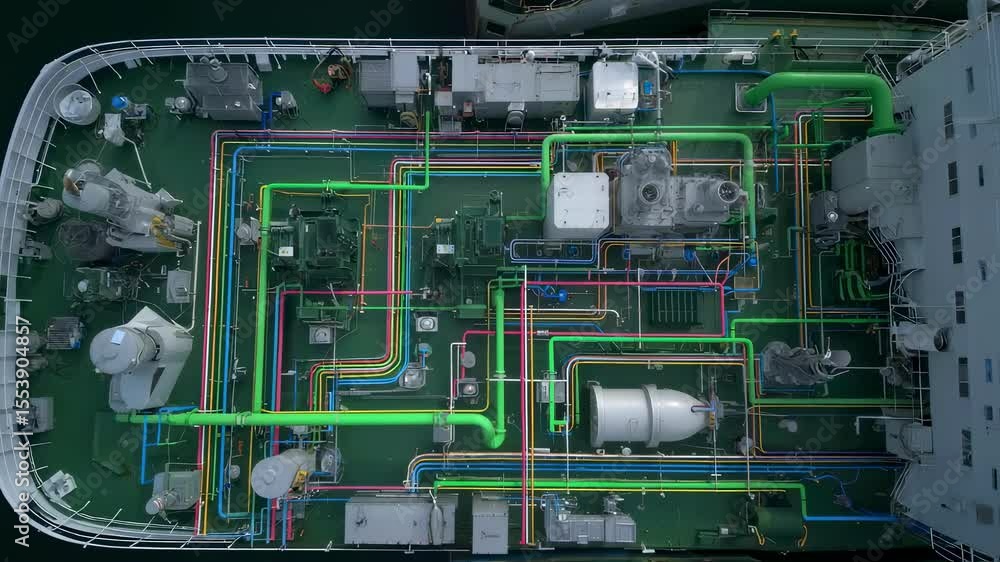 Poster aerial view showcasing the complex network of colorful pipes and machinery installed on the deck of 